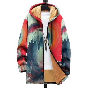 Men's 3D abstract landscape print hooded jacket with thick sherpa fleece lining