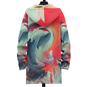 Back view of colorful 3D abstract print hooded jacket with warm thick sherpa lining.