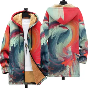 Detailed view of 3D abstract paint print and warm fleece lining on winter hoodie