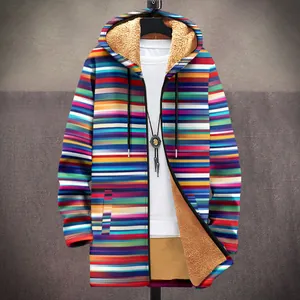 Men 3D Printed Hooded Fleece Jacket Thickened Mid Length Winter Outdoor Top Windproof Polyester Padded Coat Trendy Graphic Geometric Patterned Outerwear For Youth Adults