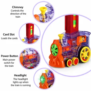 Automatic electric domino train toy for kids with steering control and LED lights