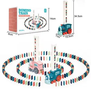 Electric automatic domino train toy set with colorful blocks and dimension details