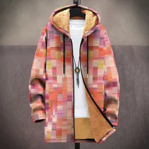 Men's colorful 3D printed hooded jacket with warm fleece lining and zipper closure.