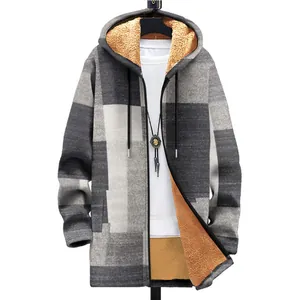 Men's stylish winter thickened fleece hooded jacket featuring grey geometric block pattern