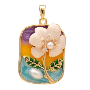 Pendentif floral style jardin Monet avec finition peinture à l'huile et perle