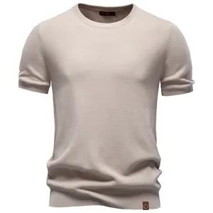 Men Short Sleeve T-Shirt Casual Solid Color Silky Drape Knit Top Round Neck Summer Tee