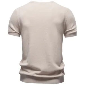Back view of a men's off-white knitted T-shirt showing fine textured fabric detail.