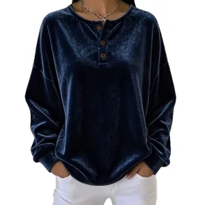 Navyblauer Langarm-Samt-Sweatshirt für Damen mit Henley-Kragen und drei Knöpfen