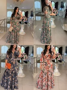 Multi-angle views of elegant floral print V-neck maxi dress in different colors