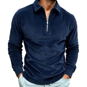 Navy blue men's corduroy polo shirt with half-zip collar for autumn and winter wear