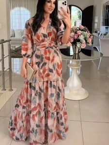 Elegant V-Neck Lantern Sleeve Leaf Print Maxi Dress For Women Summer High Waist Tiered Cake Skirt Casual Vacation Long Dress