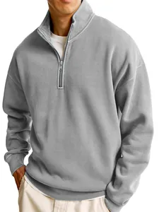 Detailed view of grey men's casual half-zip sweatshirt featuring a stand-collar design.