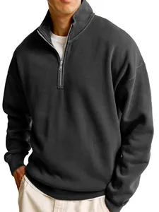 Men's Casual Half Zip Stand Collar Long Sleeve Sweatshirt Loose Solid Color Pullover Top American Retro Work Style