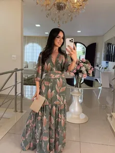 Elegant V-neck floral print maxi dress for women in summer fashion style