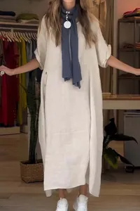 Elegant oversized beige cotton linen maxi dress for women summer casual lifestyle look