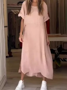 Women's Casual Cotton Linen Short Sleeve Maxi Dress Loose Solid Color Summer Breathable Ramie Cotton Clothing for Women