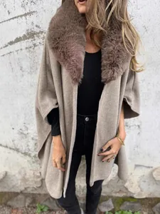 Women Faux Fur Collar Cloak Coat Polyester Non-iron Solid Color Loose Long Sleeve Lapel Jacket Winter Autumn Casual Western Top