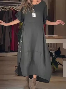 Loose casual dark grey women's short sleeve cotton linen maxi dress with side buttons