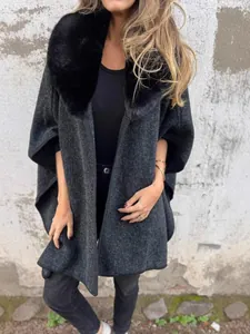 Women's autumn winter loose cape coat with faux fur collar in charcoal grey