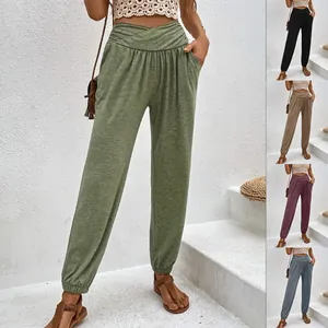 Women High Waist Crossover Joggers Casual Loose Lounge Pants With Pockets Cotton Blend Cuffed Hem Comfortable Bottoms