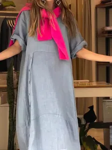 Loose light blue cotton linen maxi dress with button detail for casual summer wear