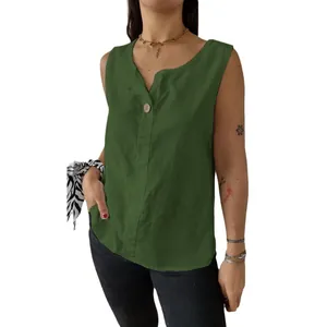 Casual mouwloze katoen-linnen tanktop voor dames met knoopsluiting