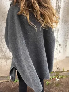 Elegant grey loose fit long sleeve poncho cape coat for women autumn winter fashion