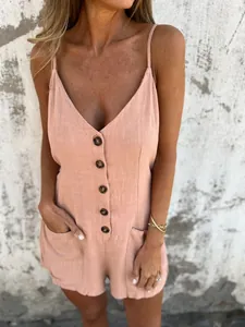 Detailed view of casual peach linen sleeveless romper featuring front buttons and pockets.