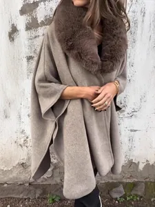 Elegant women's autumn winter loose taupe poncho coat featuring a dark brown faux fur collar