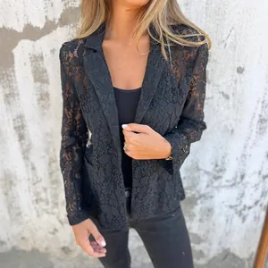 Women Fashion Casual Solid Color Lace Blazer Notched Lapel Long Sleeve Top Elegant Spring Summer Sheer Floral Lace Jacket