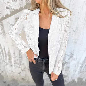 Elegant white lace blazer for women, stylish and casual long-sleeve open front suit jacket