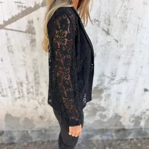 Elegant black floral lace blazer for women with classic lapel design and vintage feel