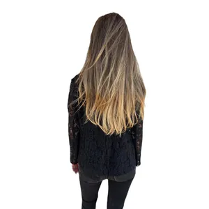 Back view of a stylish black floral lace blazer jacket for women on a clean white background