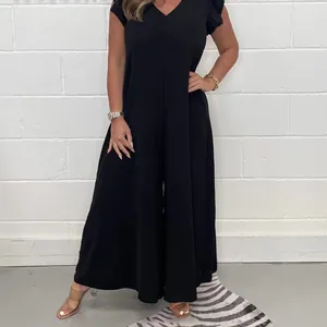 Combinaison élégante noire à manches volantées et jambes larges pour femme en été