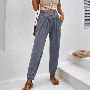 Women's casual high-waisted loose harem pants with pockets and elastic cuffs in gray
