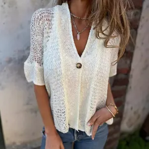 Women Hollow Out Knit Cardigan Cotton Blend V Neck Single Button Half Sleeve Crochet Top Casual Bohemian Beach Cover Up