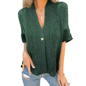 Women's elegant dark green hollow-out knit cardigan with single button and short sleeves