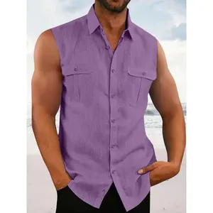 Detailed view of men's sleeveless cotton linen shirt in purple for casual summer beachwear