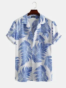 Men's casual short-sleeved beach shirt featuring a blue fern leaf print on white fabric