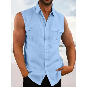 Men's light blue cotton linen sleeveless shirt with two chest pockets for summer beach wear