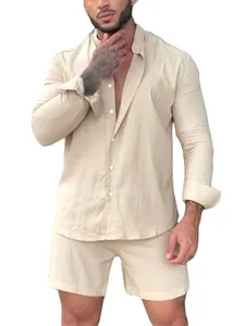 Detail of beige men's cotton linen set with long sleeve shirt and matching shorts