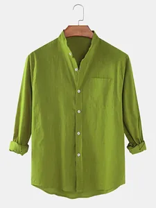 Camisa informal de algodón y lino para hombre con cuello mandarín.
