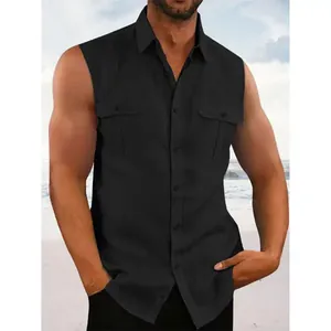 Detail of men's sleeveless cotton linen shirt in solid black with double pockets