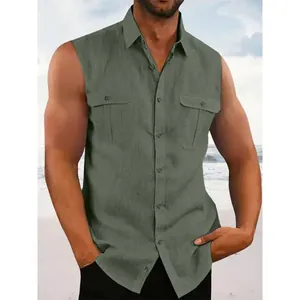 Detailed view of olive green cotton-linen sleeveless shirt with dual chest flap pockets