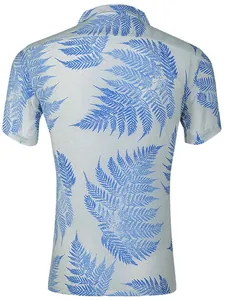 Back view of a men's short-sleeved Hawaiian shirt featuring a blue fern leaf print