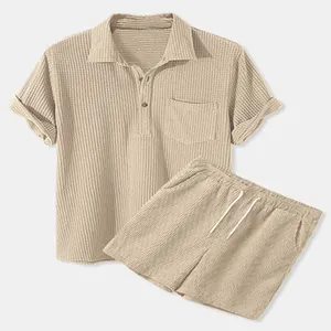 Two-piece men's corduroy set with short sleeve polo shirt and matching drawstring shorts