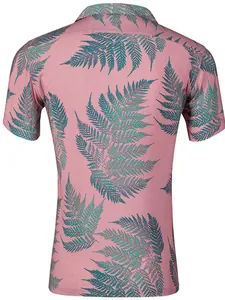 Detailed back view of a casual pink men's Hawaiian shirt with teal fern leaf print