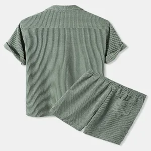 Rear detail view of men's casual waffle textured short sleeve shirt and matching shorts