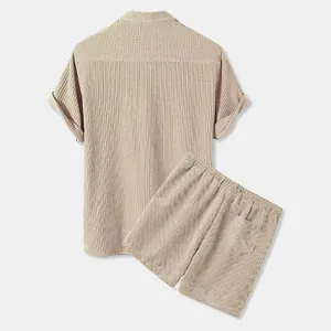 Detail view of khaki corduroy men's shirt and shorts two-piece casual summer set