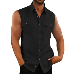 Men's fashionable sleeveless cotton linen shirt with chest pockets in solid black